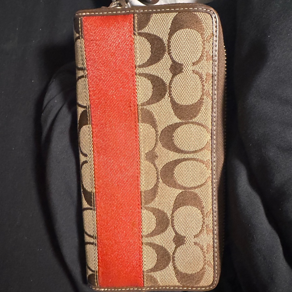 Coach Brown and Red Zip-Around Wallet